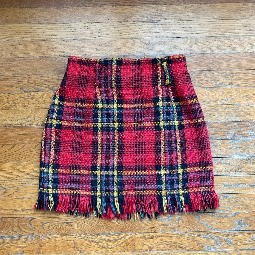 Vintage Tweed Fringe High Waisted Plaid Skirt